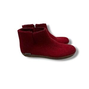 Glerups Wool Felt Slipper Boots Womens 39 Red Ankle Leather Sole House Shoes